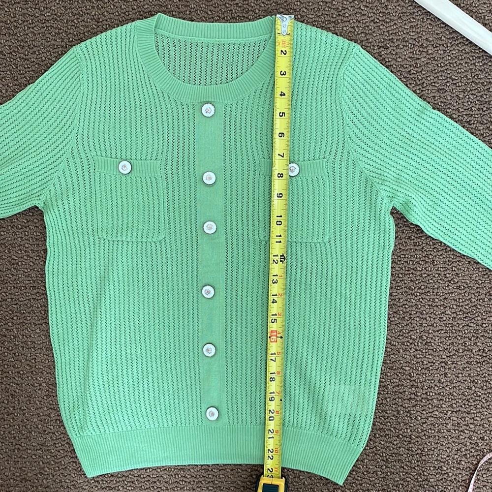 Green Round Neck Openwork Pullover - image 7